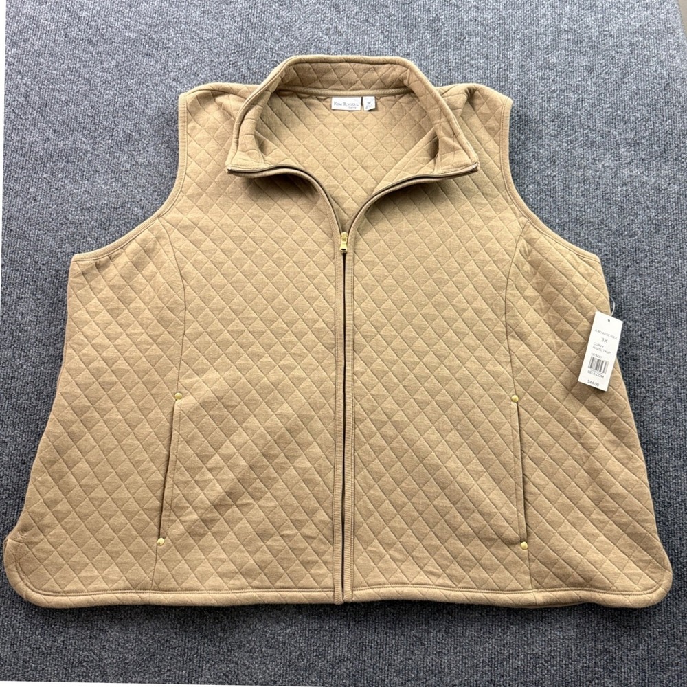 Kim Rogers Quilted Vest Womens 3X Hazel Taupe NEW Full Zip Sleeveless 167A021
